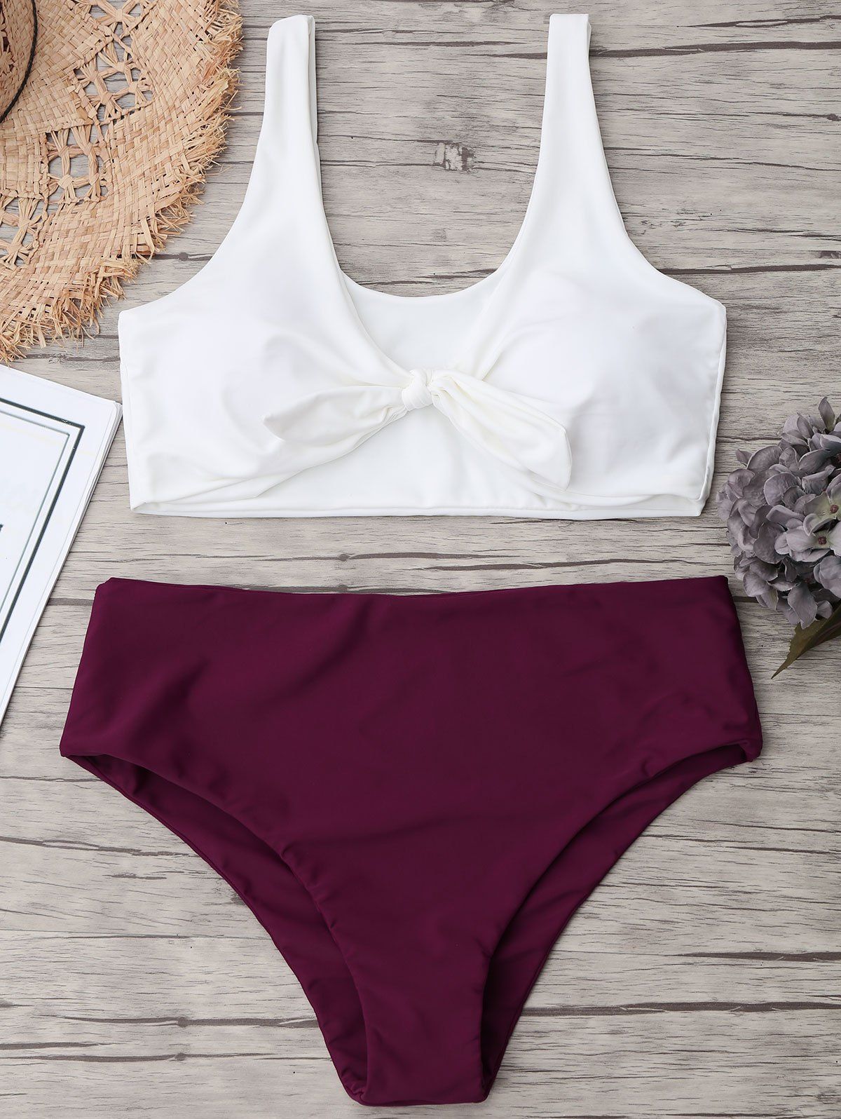 

Tied Plus Size Two Tone Bikini, Purplish red