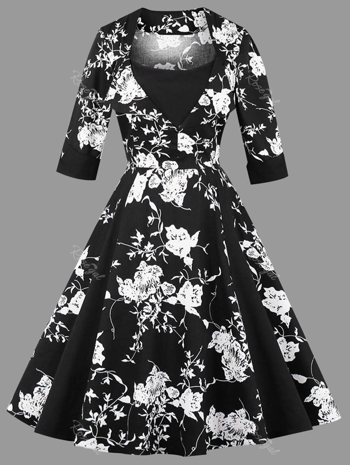 

Plus Size Floral Print Vintage Dress, Black