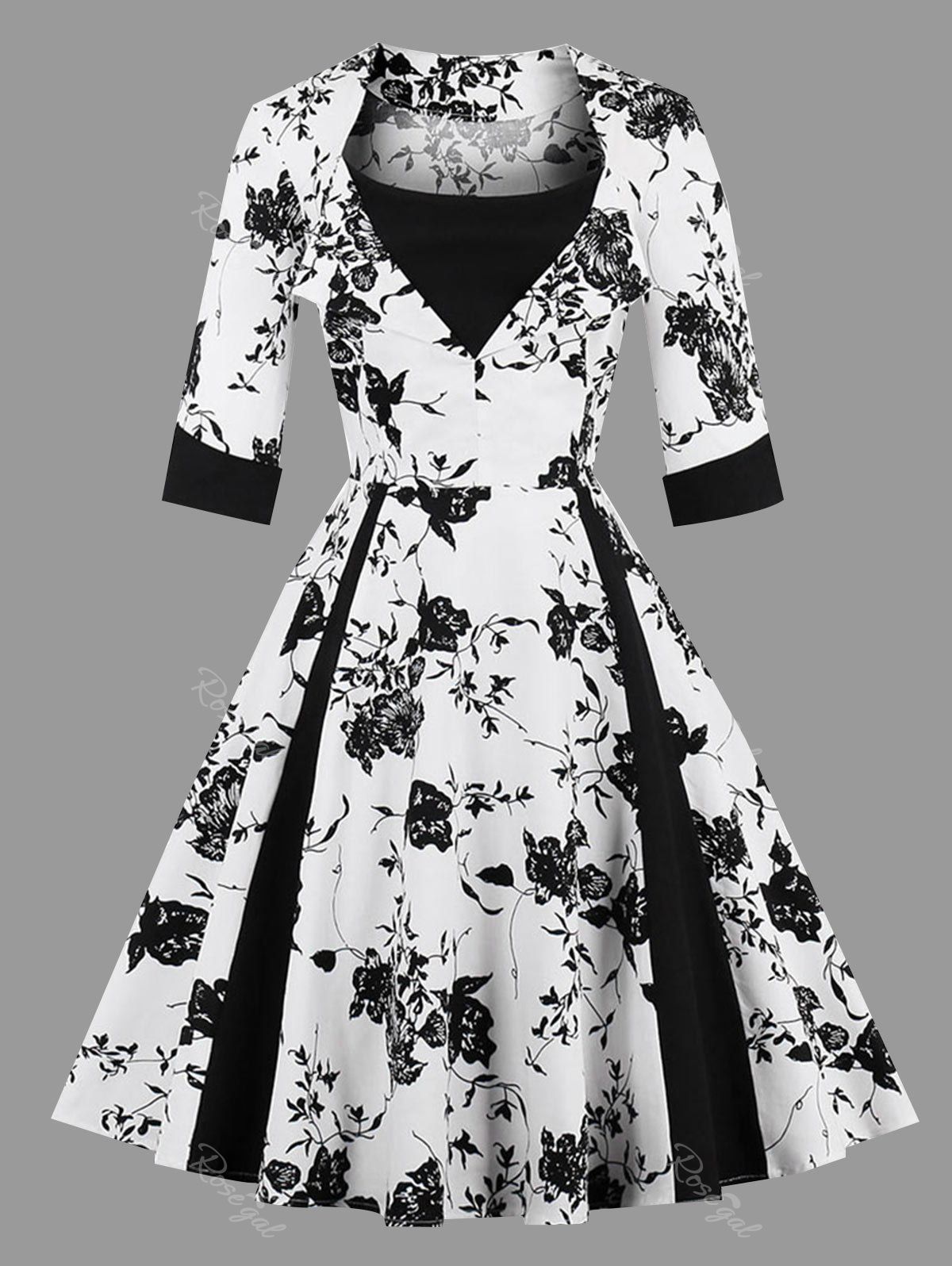 

Plus Size Floral Print Vintage Dress, White