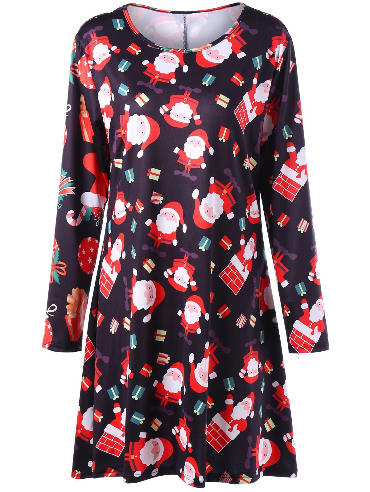 

Christmas Santa Claus Print Plus Size Mini Swing Dress, Black