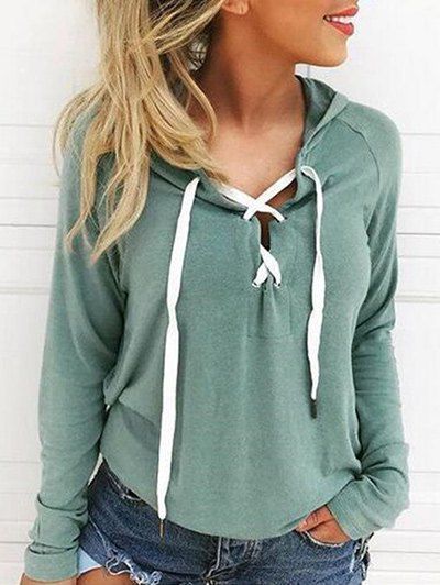 

Long Sleeve Front Lace Up Hoodie, Light green