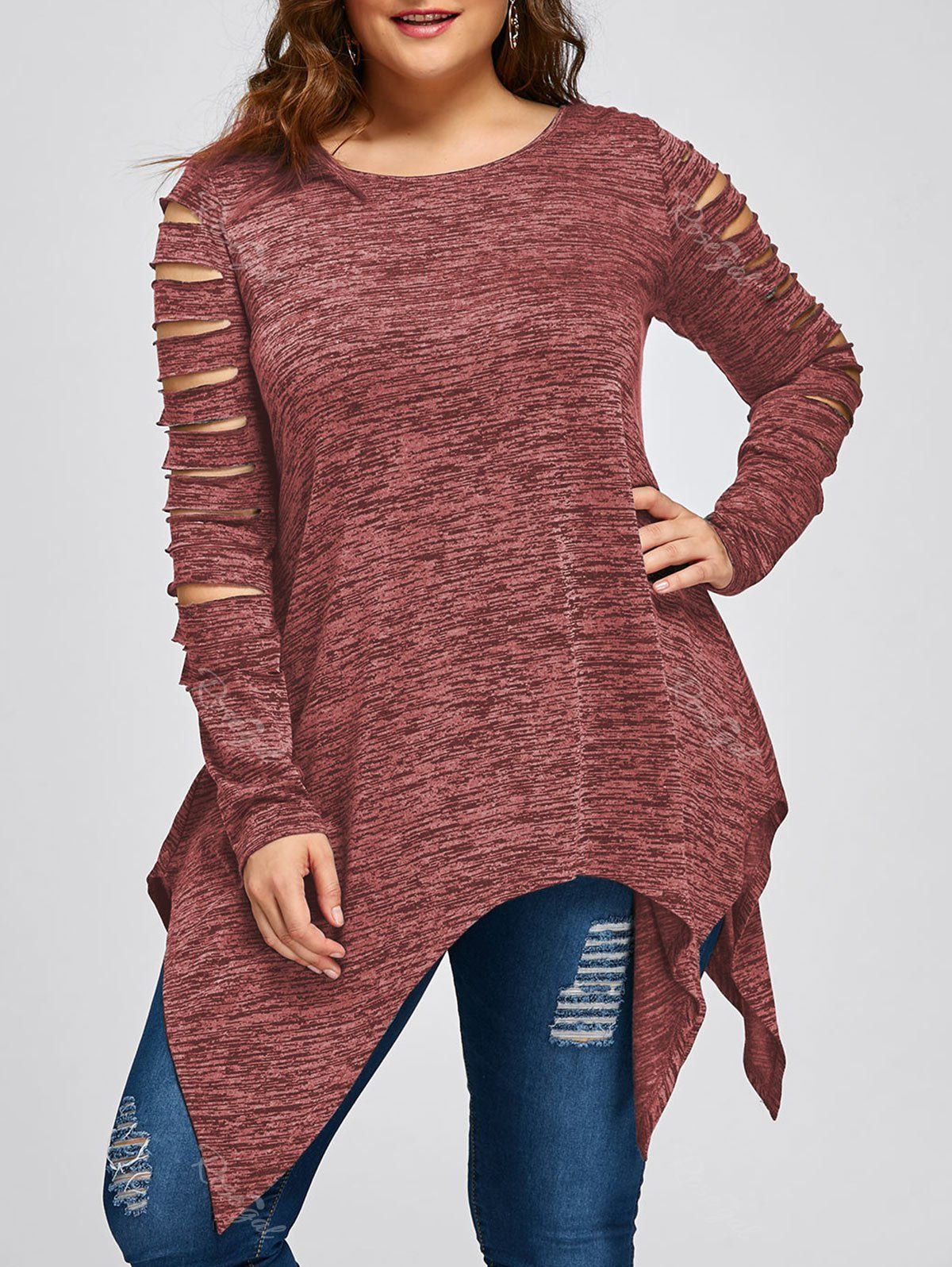 

Plus Size Ripped Sleeve Marled Handkerchief Top, Russet-red