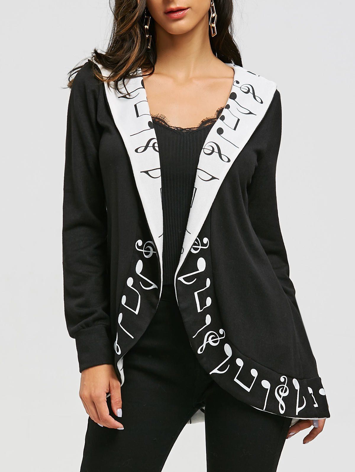 

Music Notes Shawl Collar Cardigan, Black
