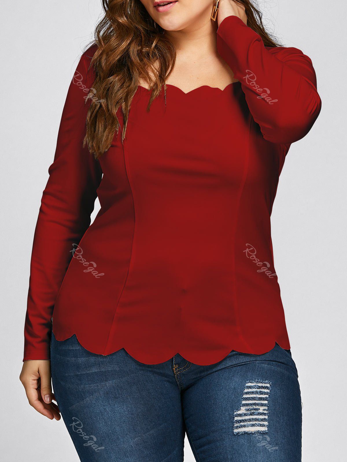 

Plus Size Square Neck Scalloped Long Sleeve Top, Red