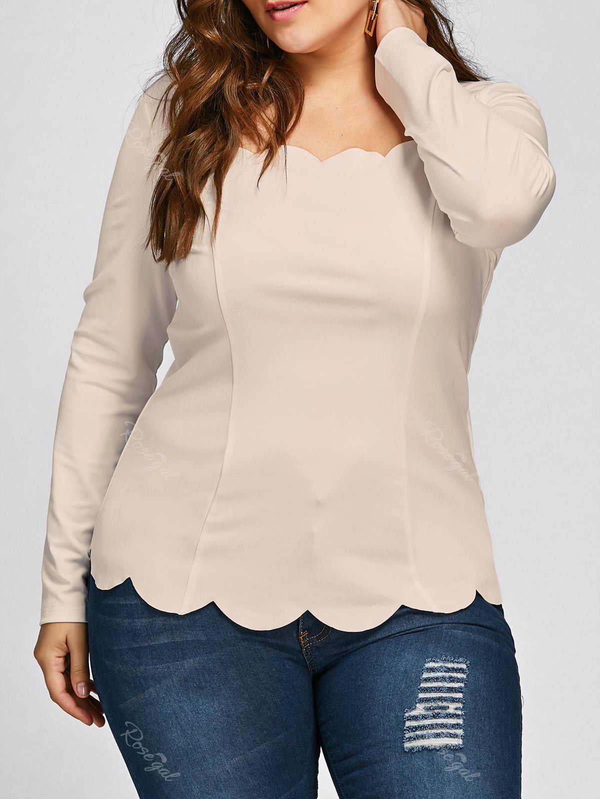 

Plus Size Square Neck Scalloped Long Sleeve Top, Light camel
