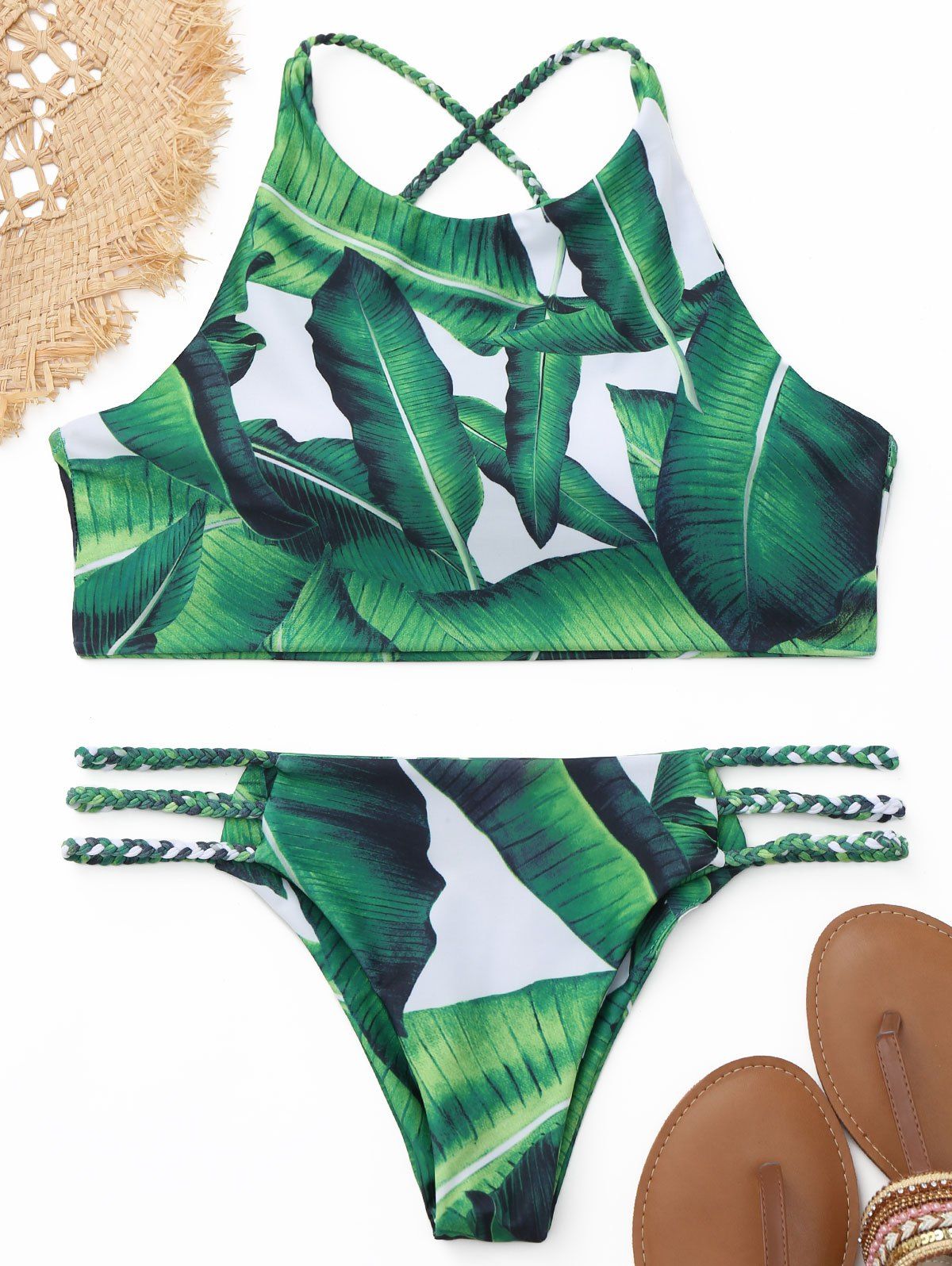 

Palm Leaf High Neck Braided Bikini Set, Green