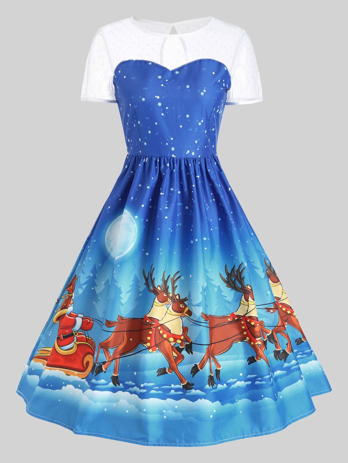 

Mesh Panel Sleigh Santa Claus Christmas Party Dress, Blue