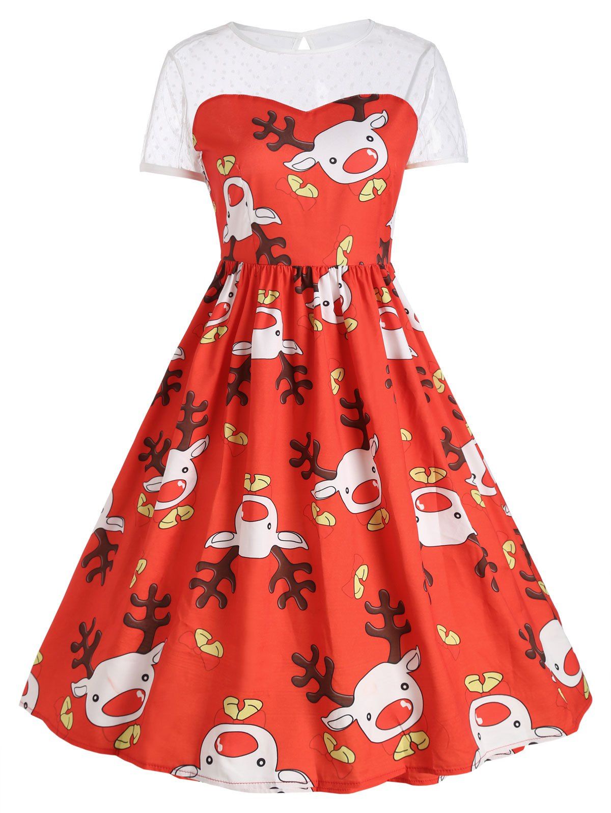 

Mesh Insert Cute Reindeer Christmas Party Dress, Red