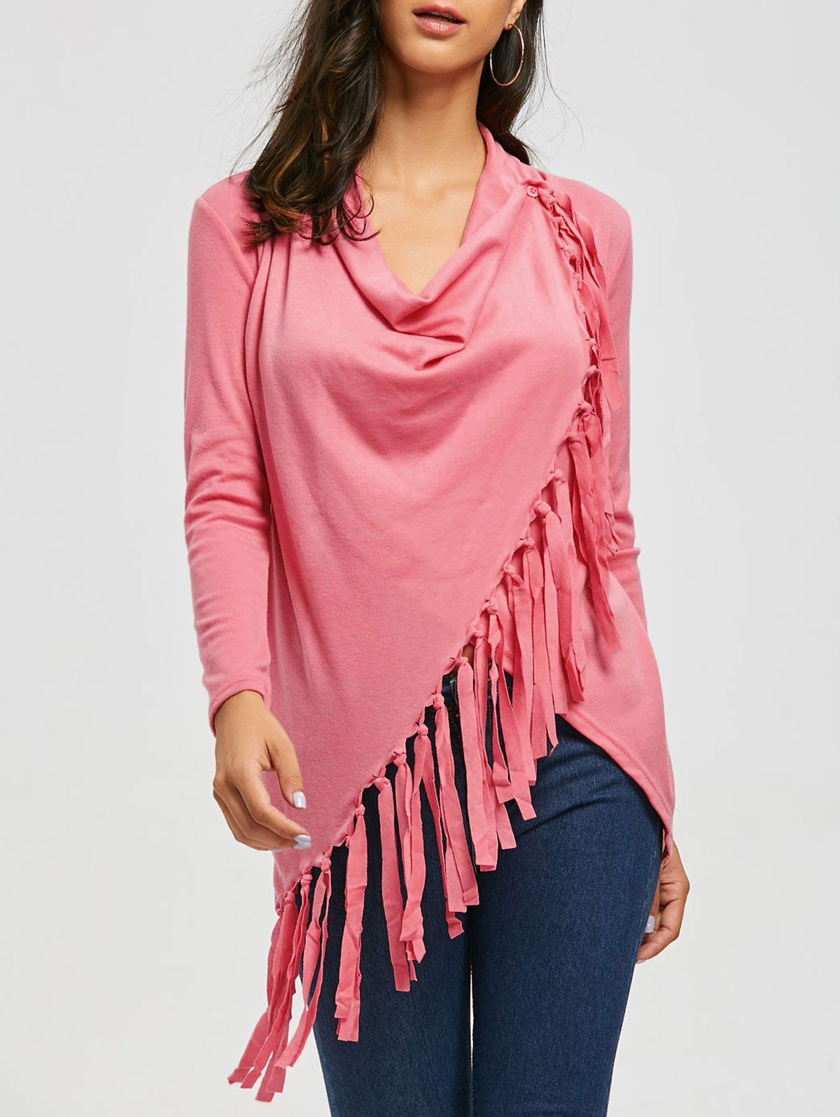 Pink M Tassel Asymmetric Long Sleeve Top