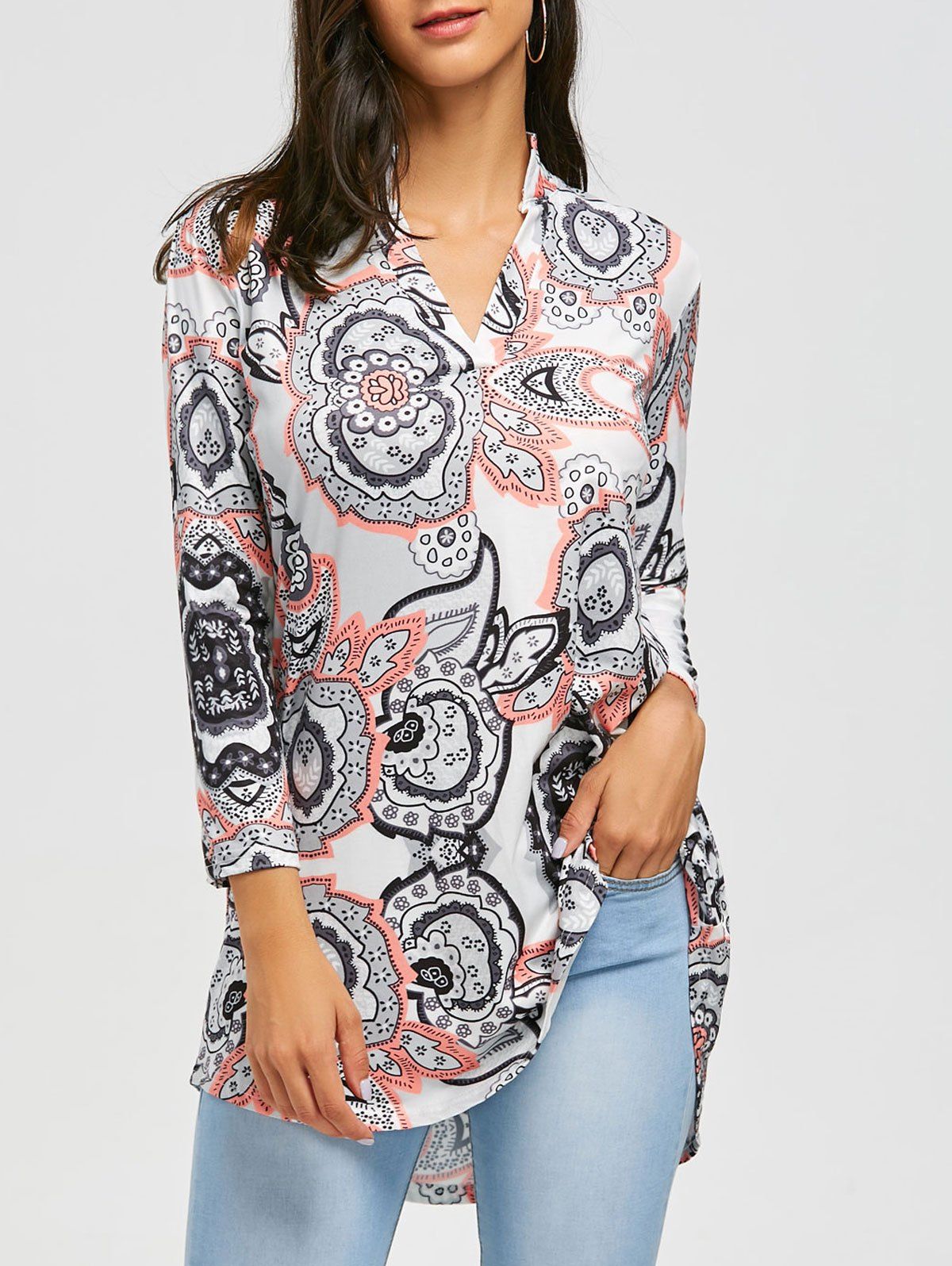 

Bohemian Print V Neck Blouse, Gray