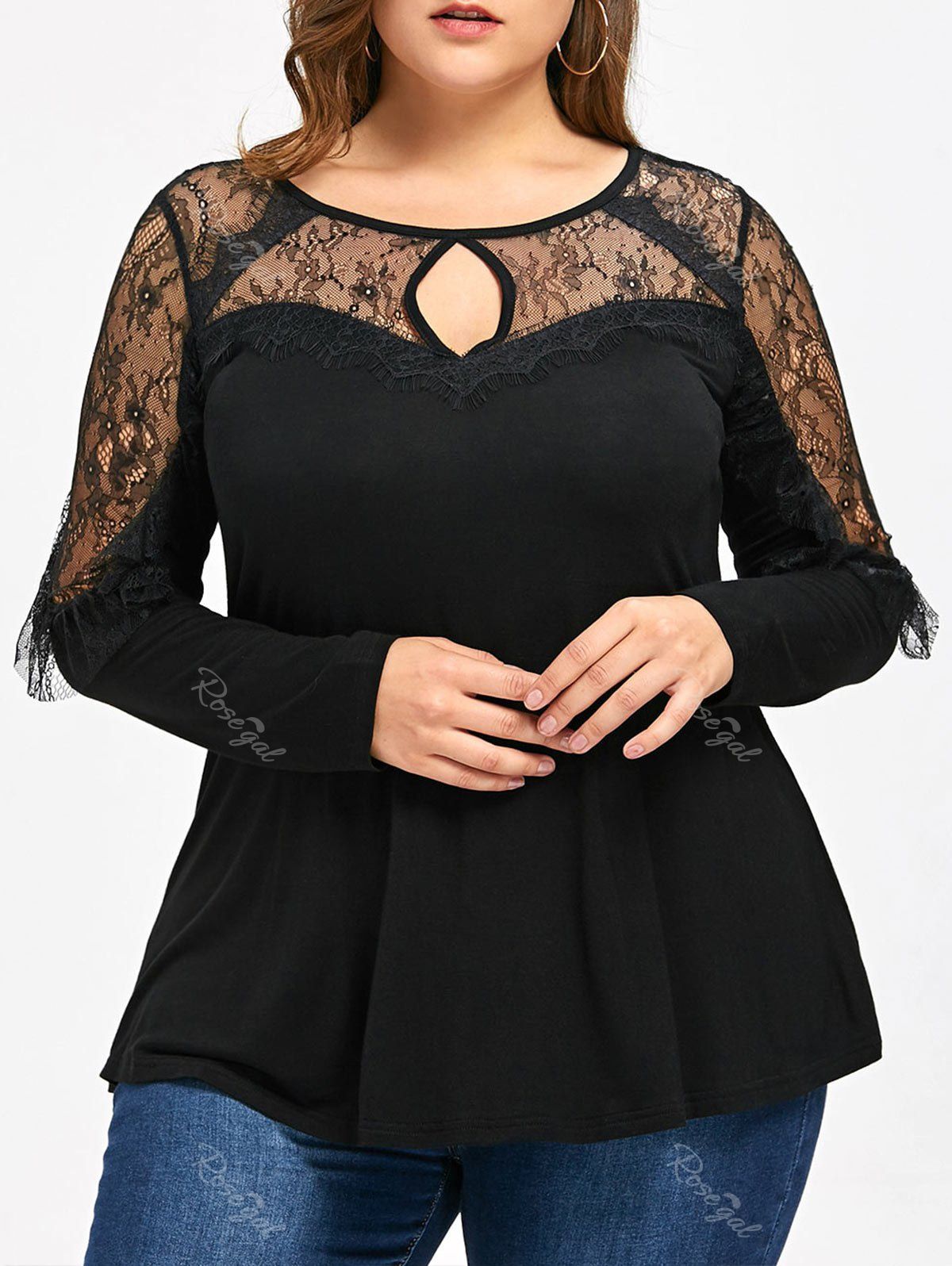 

Lace Panel Plus Size Long Sleeve T-shirt, Black