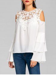 Cold Shoulder Sheer Layered Flare Sleeve Blouse - WHITE S