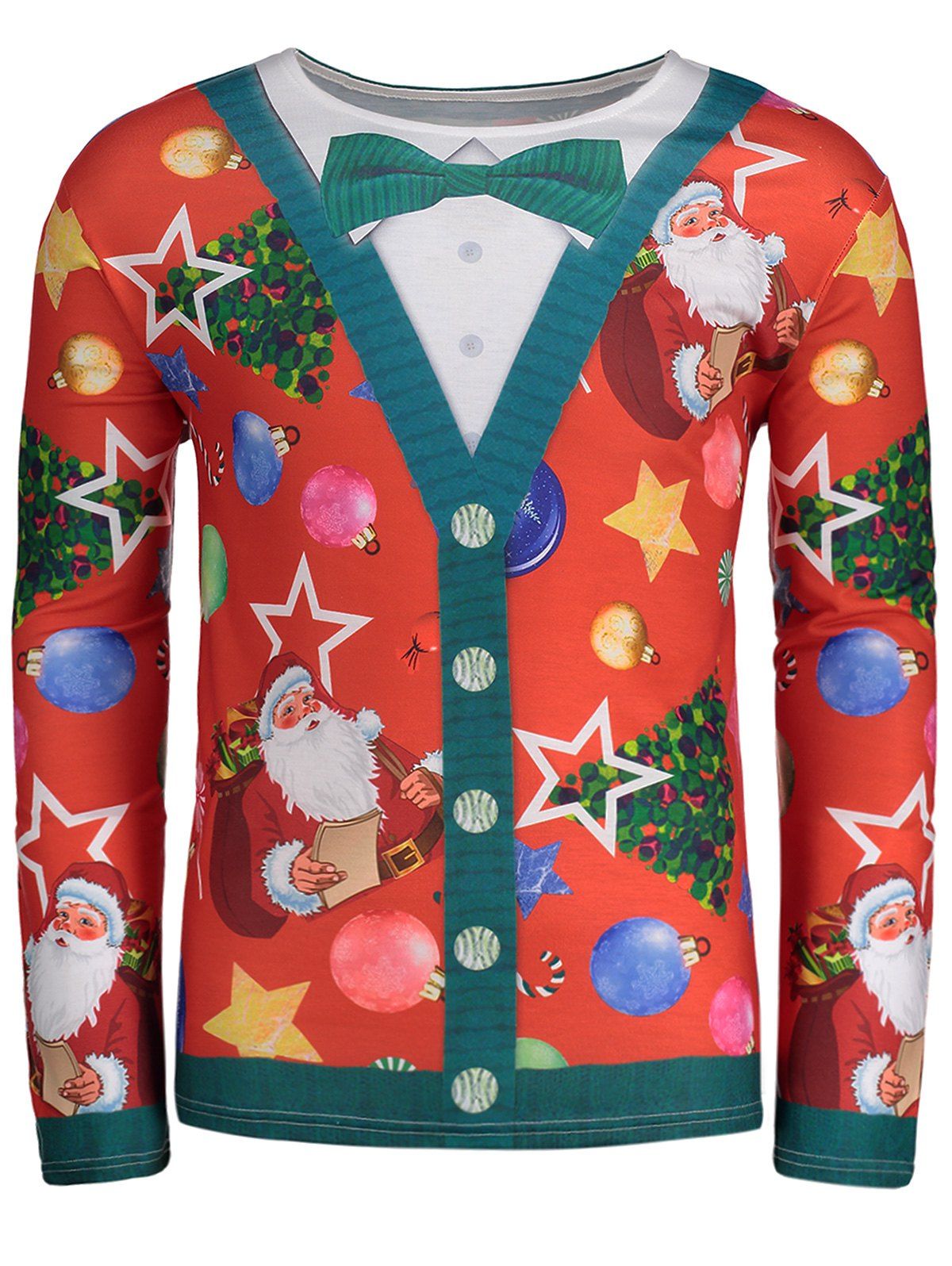 Unique Bowknot Tie Cardigan Print Santa Christmas T-shirt  