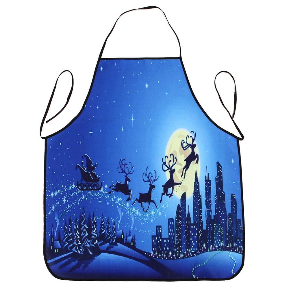 

Christmas Moon City Print Waterproof Cooking Apron, Blue
