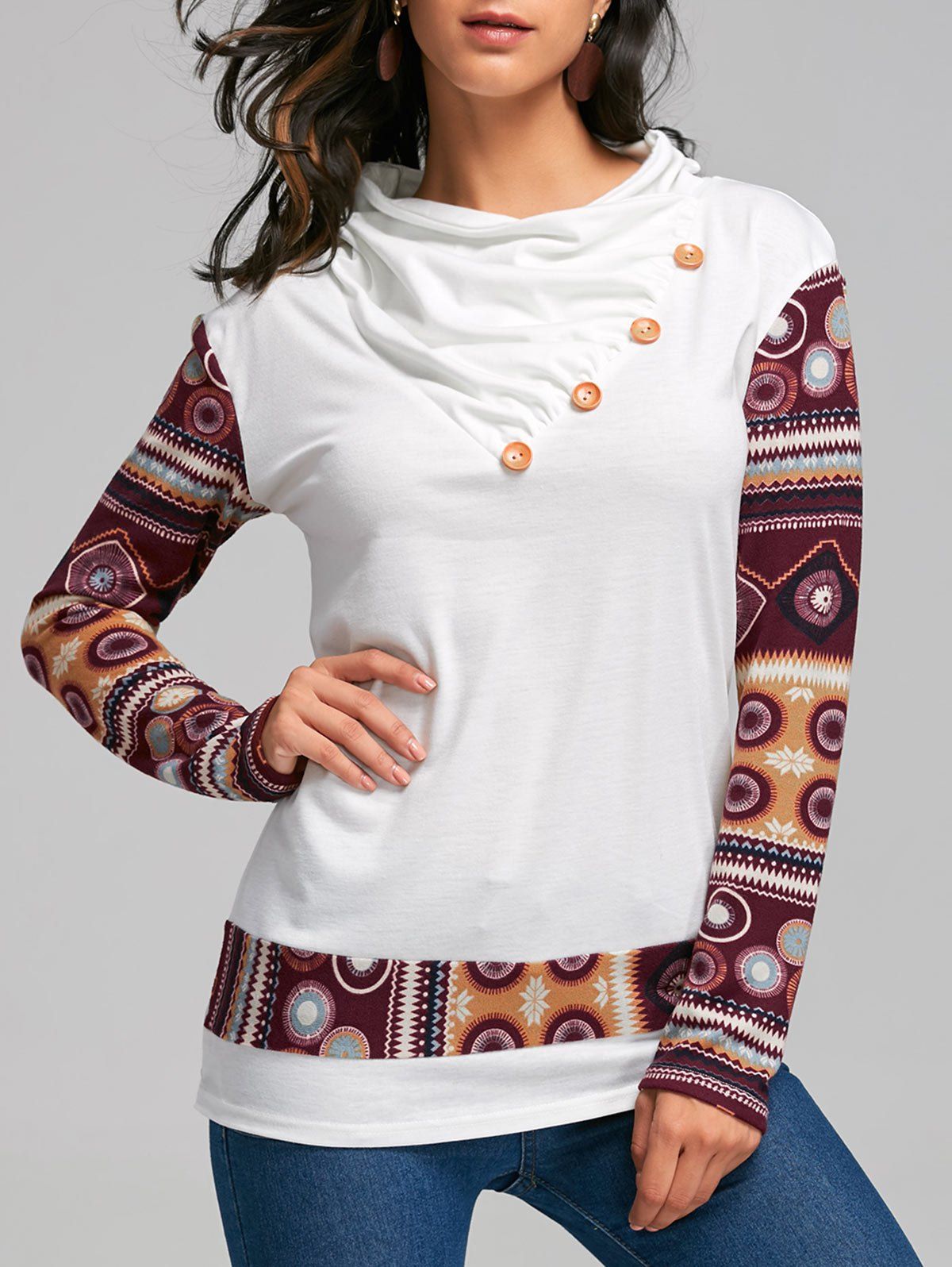 

Buttons Heaps Collar Long Sleeve Print T-shirt, White