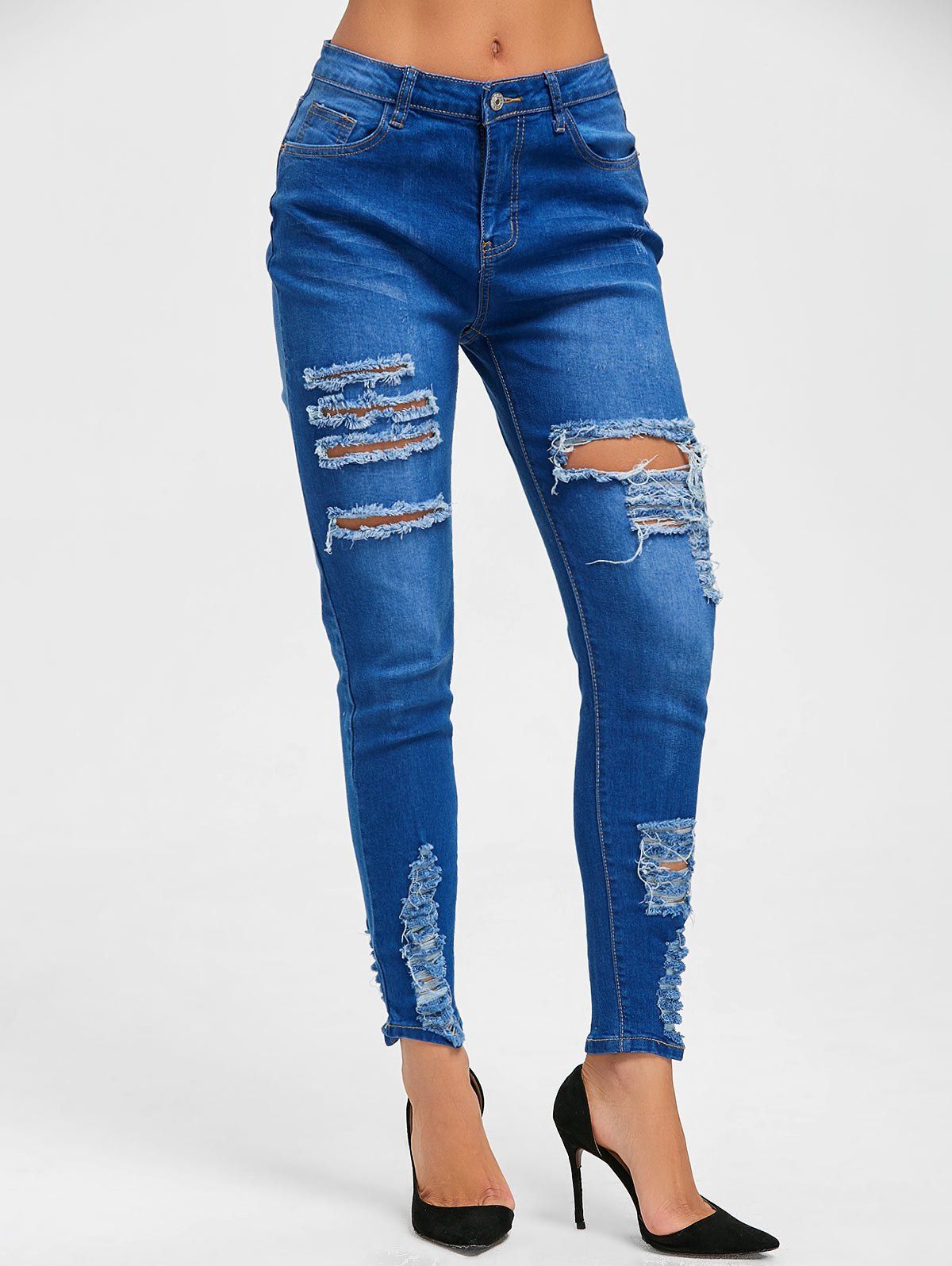 

High Rise Distressed Denim Jeans, Blue