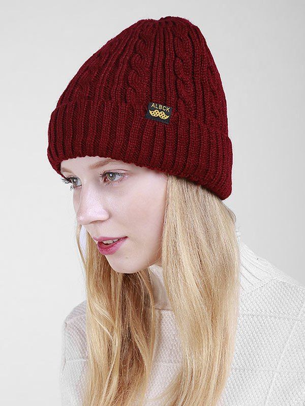 

Outdoor Letter Pattern Thicken Flanging Knited Hat, Dark red