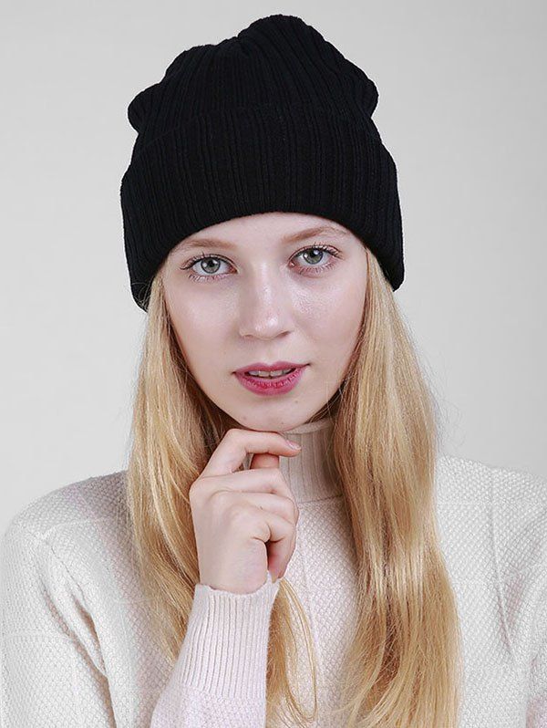 

Flanging Design Plain Ribbed Knit Beanie, Black