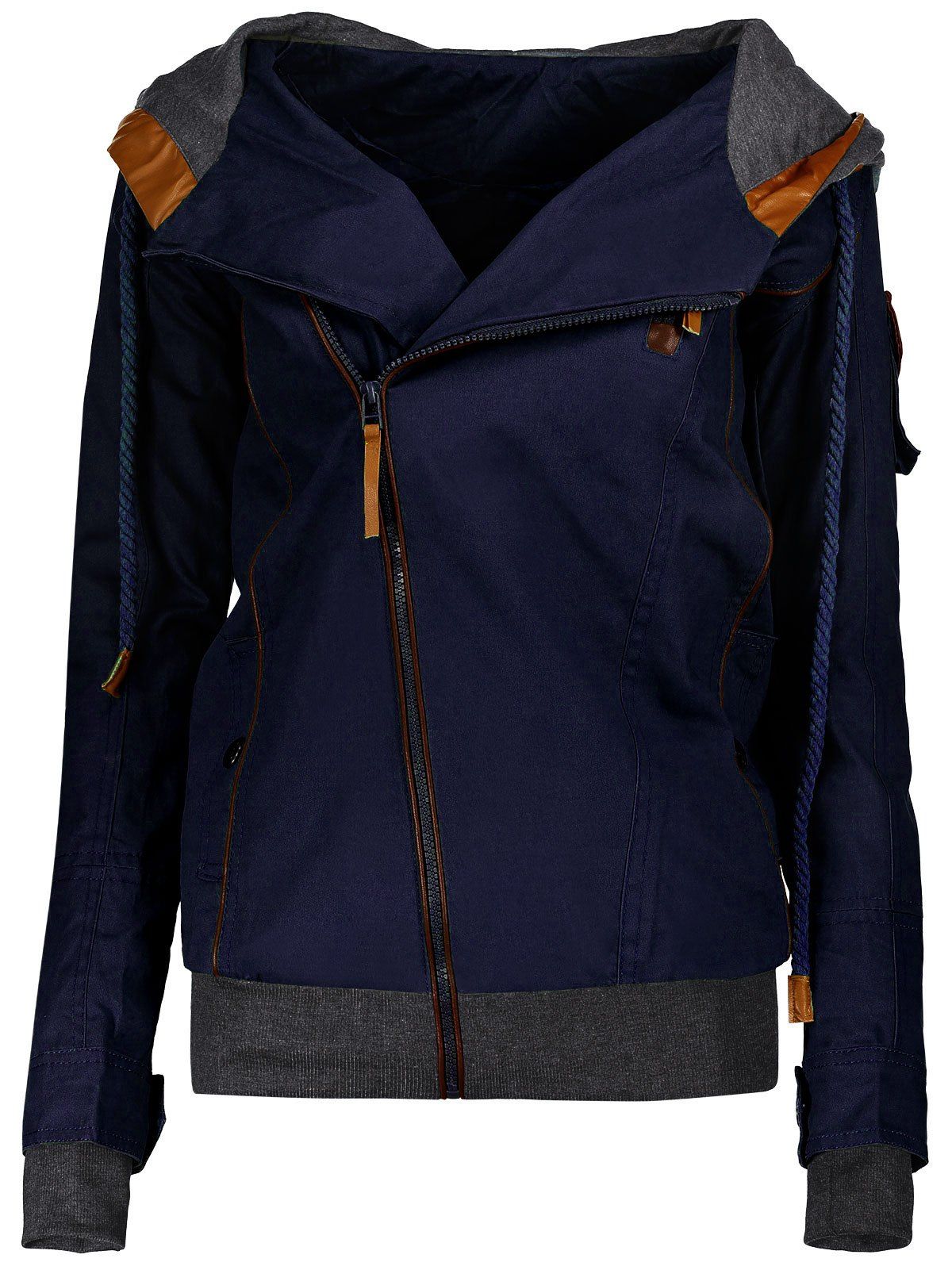 

Active Hooded Skew Zippered Long Sleeve Thick Hoodie For Women, Deep blue