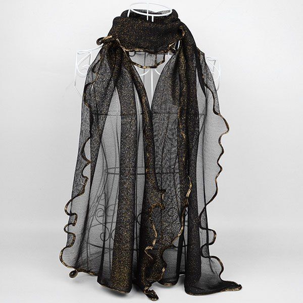 

Retro Golden Brim Decorated Chiffon Long Scarf, Black