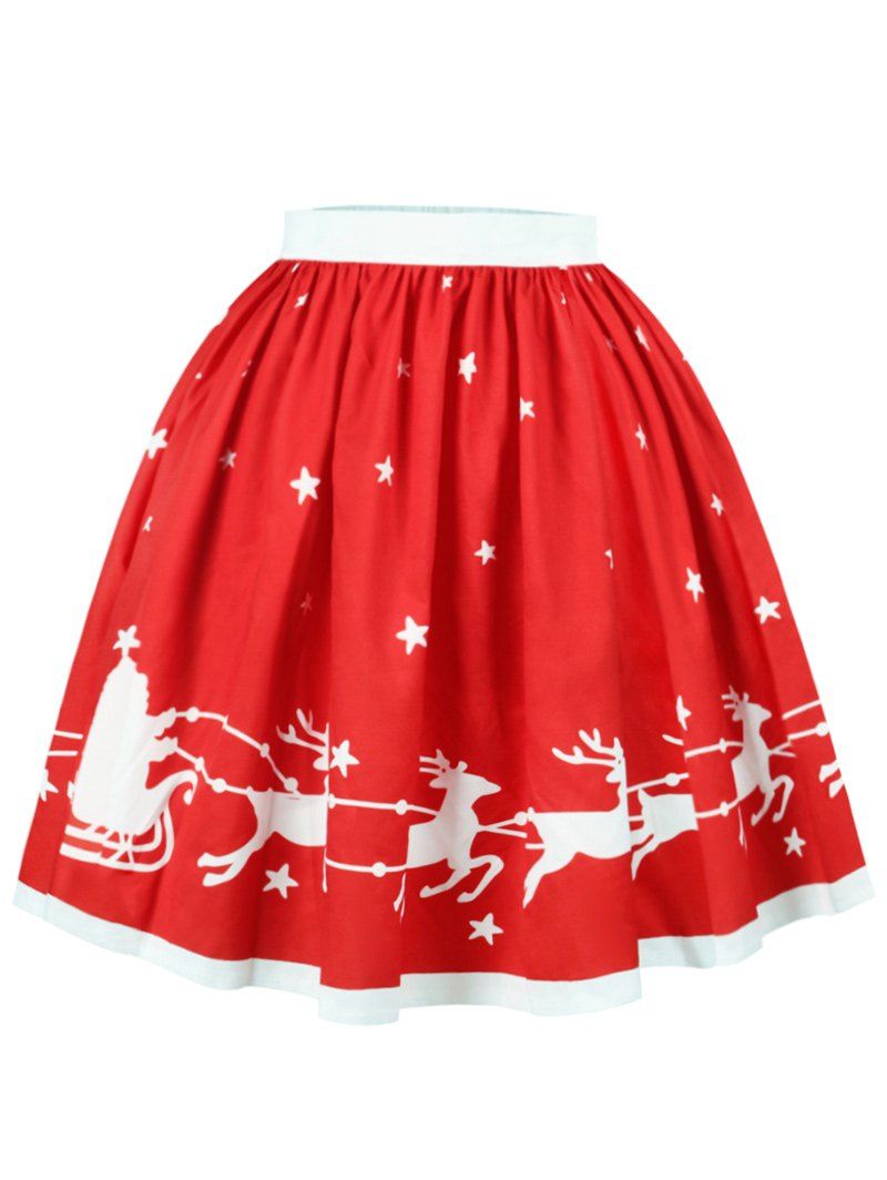 

Christmas Star Elk Print A Line Skirt, Red