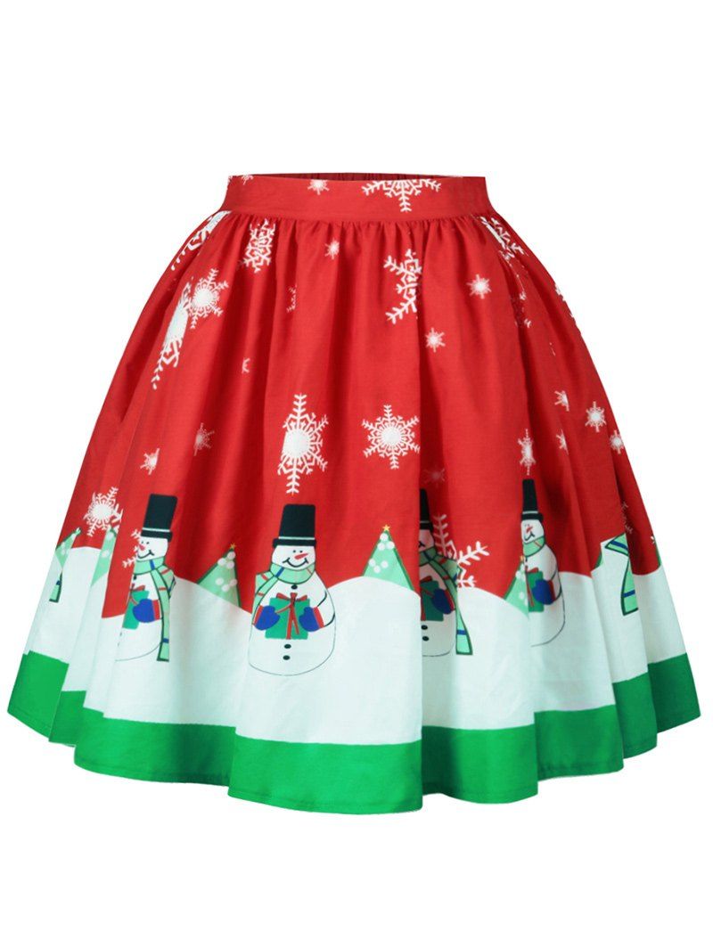

Christmas Snowflake Snowman Print A Line Skirt, Colormix
