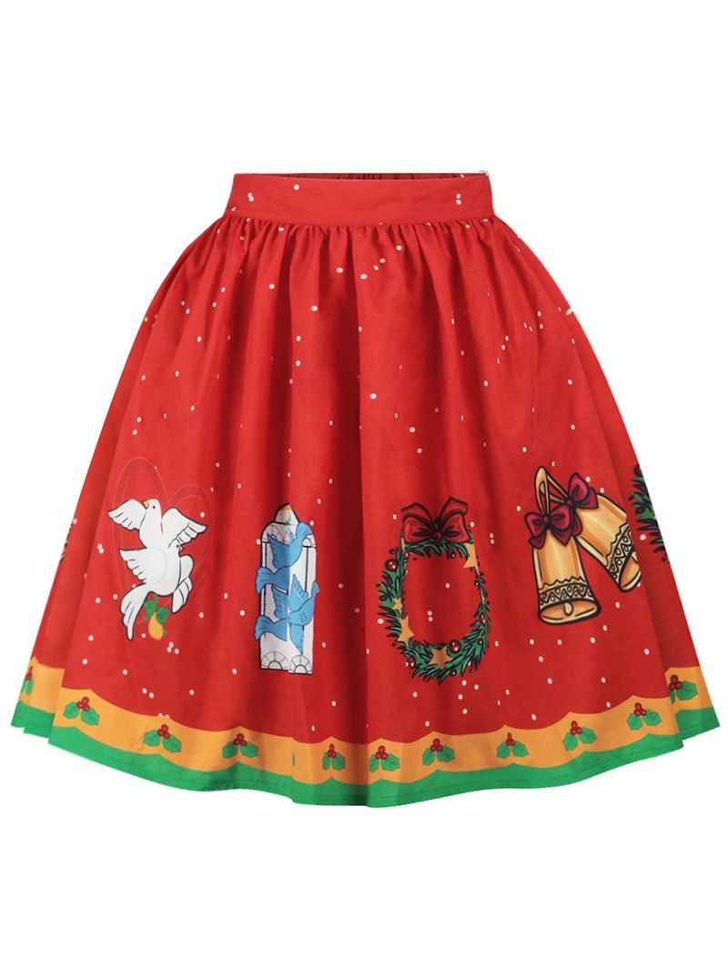 

Christmas Bell Bird Printed A Line Skirt, Red