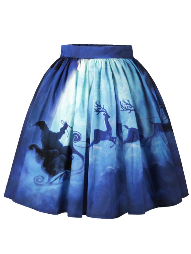 

Christmas Moon Santa Claus Elk Print Skirt, Blue