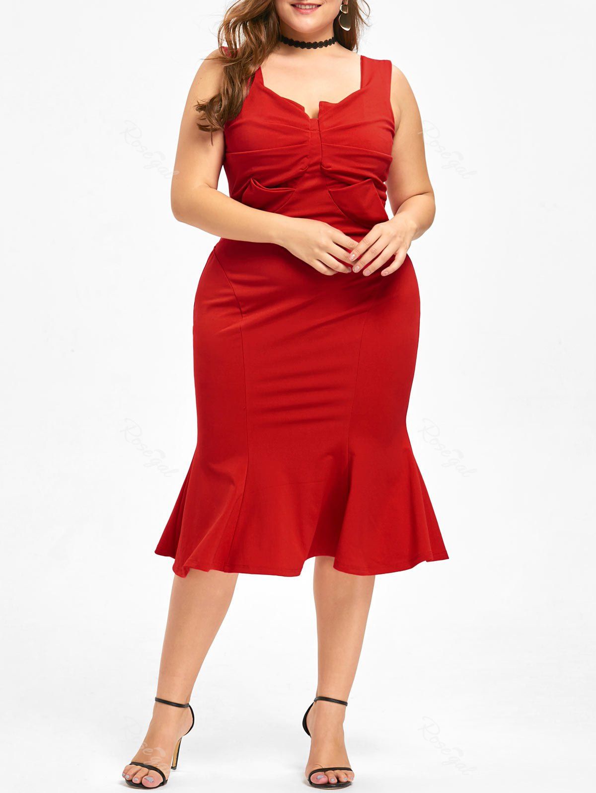 

Plus Size Sleeveless Midi Fishtail Dress, Red