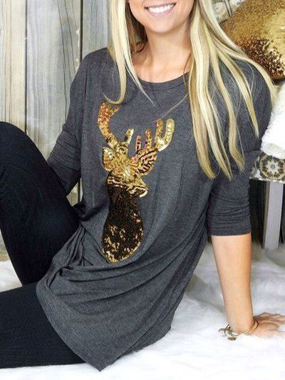 

Round Neck Christmas Sequin Elk Print T-shirt, Gray