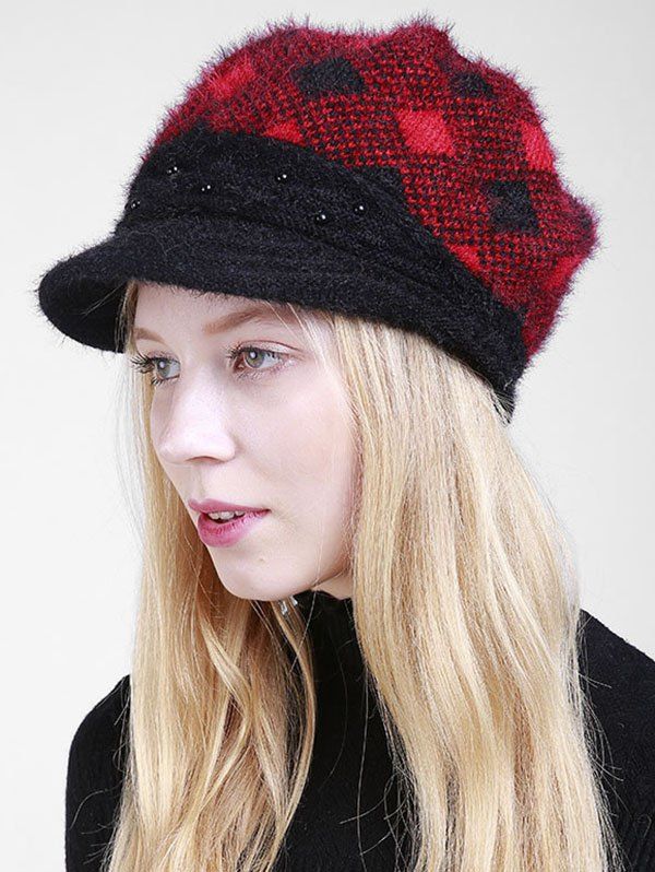 

Beaded Decorated Rhombus Plaid Newsboy Hat, Black