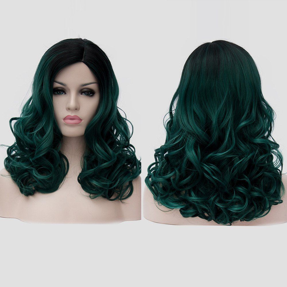 

Medium Side Parting Shaggy Colormix Curly Synthetic Party Wig, Blackish green