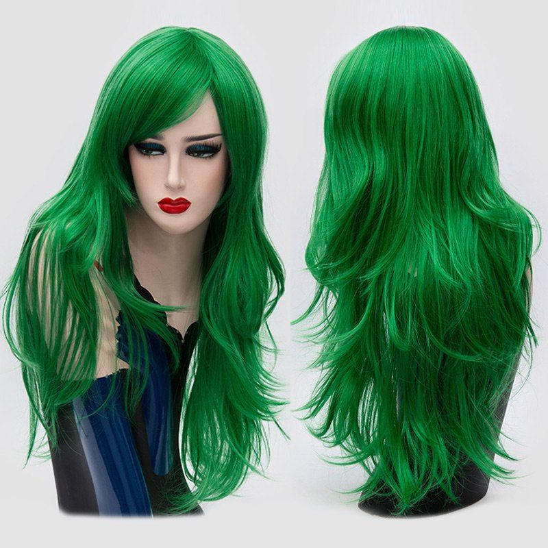 

Long Side Bang Layered Slightly Curly Synthetic Party Wig, Green