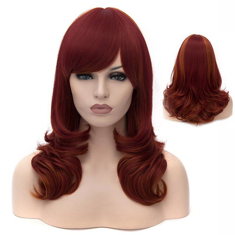 

Medium Side Bang Layered Highlighted Slightly Curled Synthetic Party Wig, Dark auburn