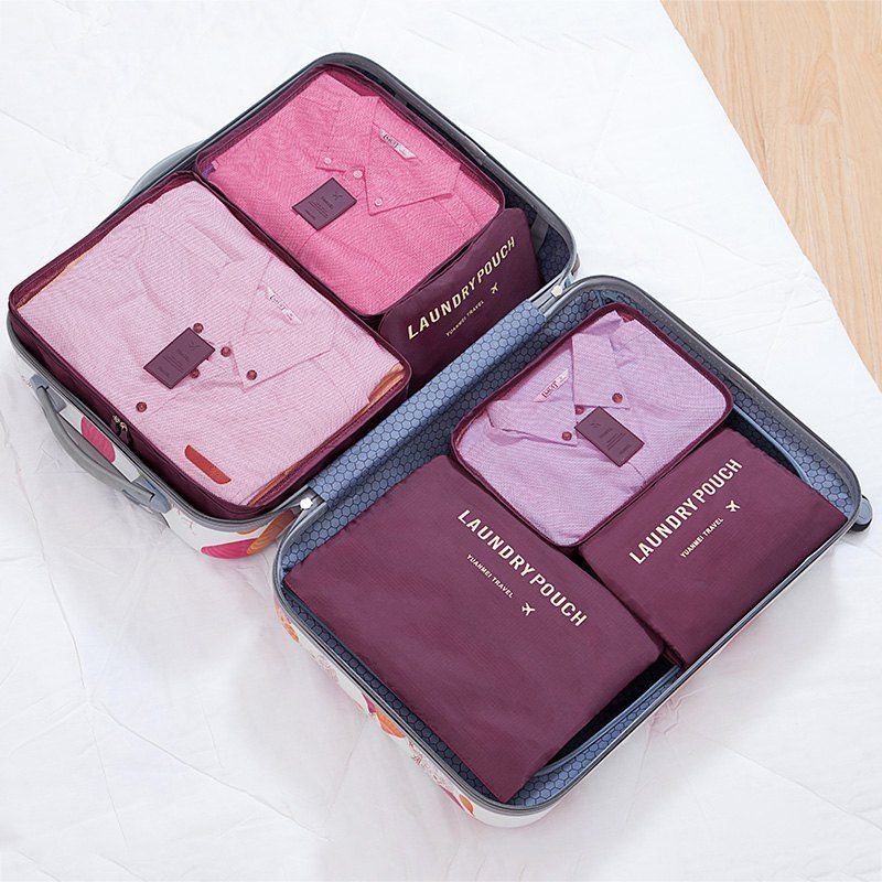 

6 Pcs Polyester Travel Organizer Storage Bags, Wine red