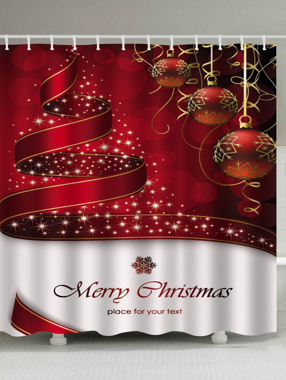 

Christmas Balls Ribbon Print Waterproof Bathroom Shower Curtain, Red