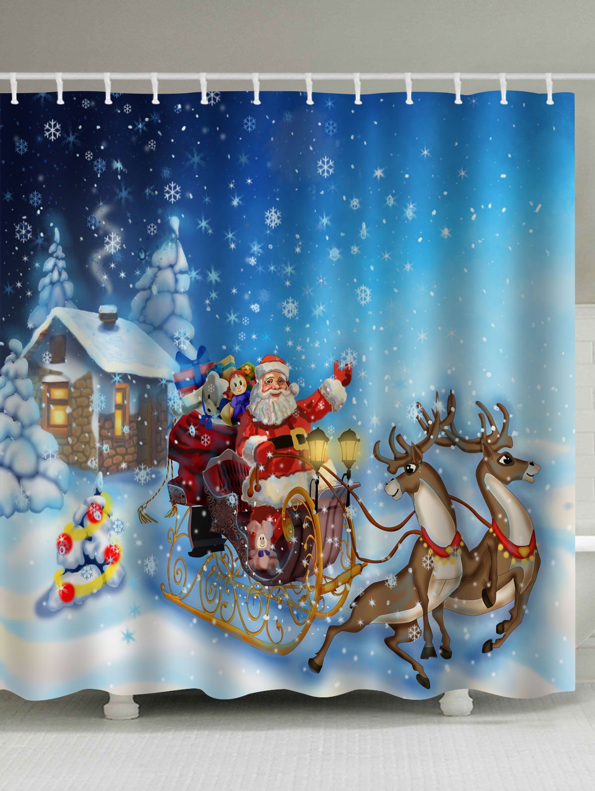 

Christmas Snowy Santa Sleigh Print Waterproof Bathroom Shower Curtain, Colormix