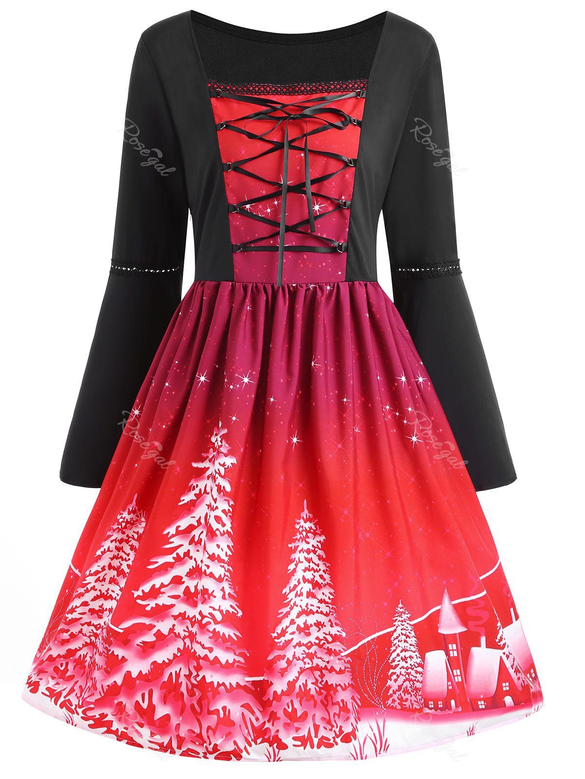 

Christmas Tree Print Plus Size Lace Up Dress, Red