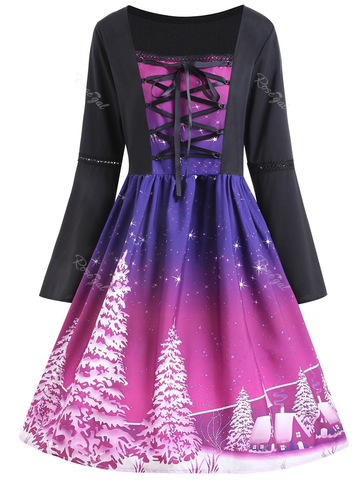 

Christmas Tree Print Plus Size Lace Up Dress, Purple