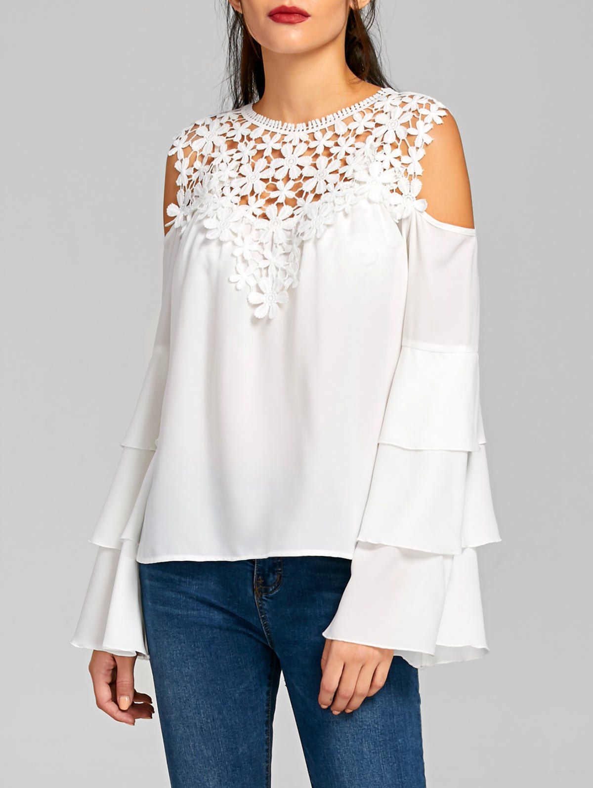 [31% OFF] Cold Shoulder Sheer Layered Flare Sleeve Blouse | Rosegal