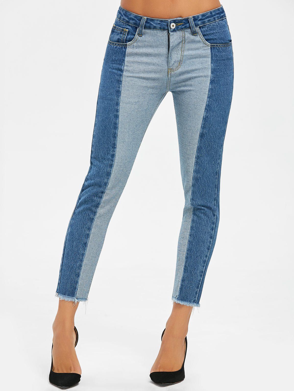 [60% OFF] Two Tone Raw Hem Crop Jeans | Rosegal