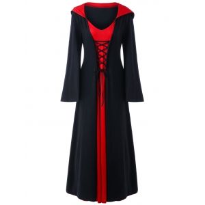 Halloween Plus Size Lace Up Hooded Maxi Dress - RED WITH BLACK 5XL