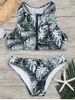 Zip High Neck Leaves Print Bikini Set -  