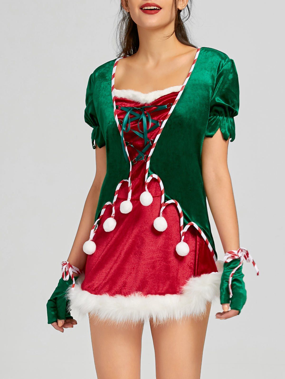 

Christmas Lace Up Short Dress with Hat and Gloves, Red
