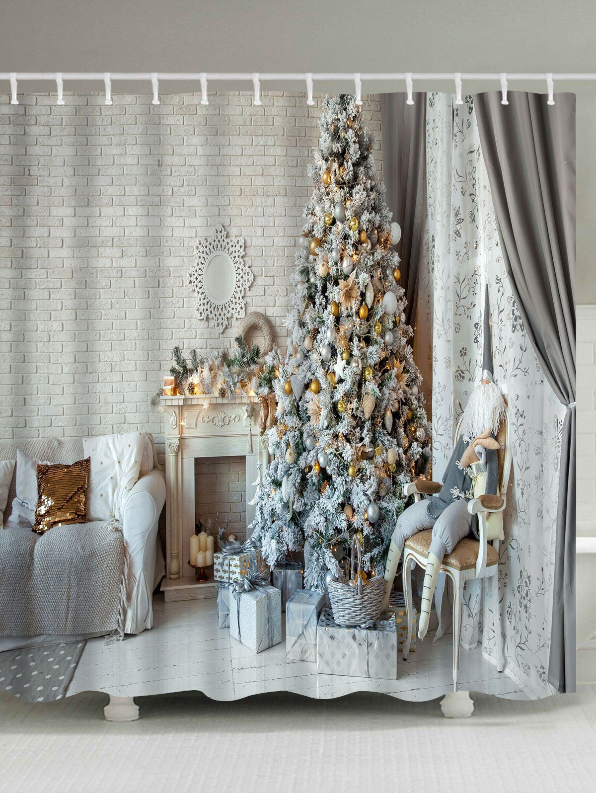 

Christmas Tree Fireplace Print Waterproof Bath Curtain, Colormix