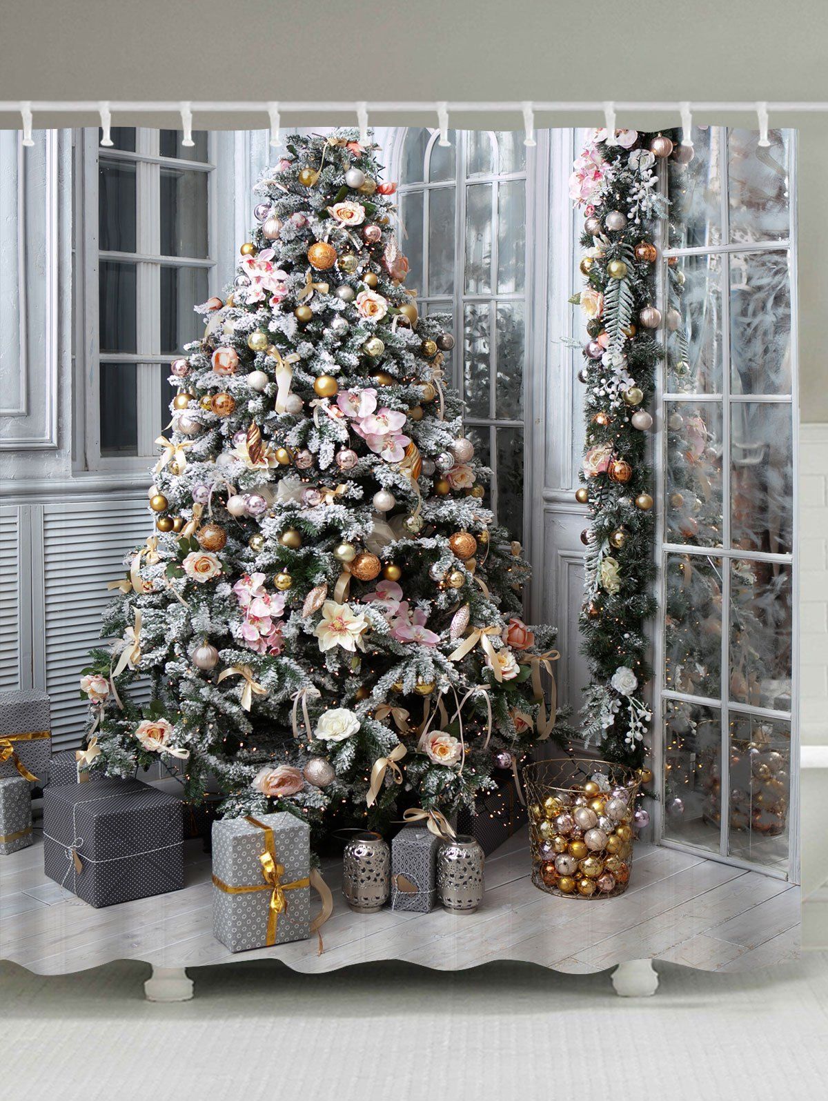 Christmas Tree Gift Printed Waterproof Bath Curtain, Colormix