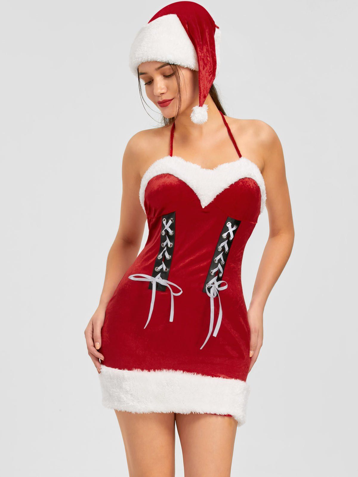 

Lace Up Halter Dress and Christmas Hat, Red