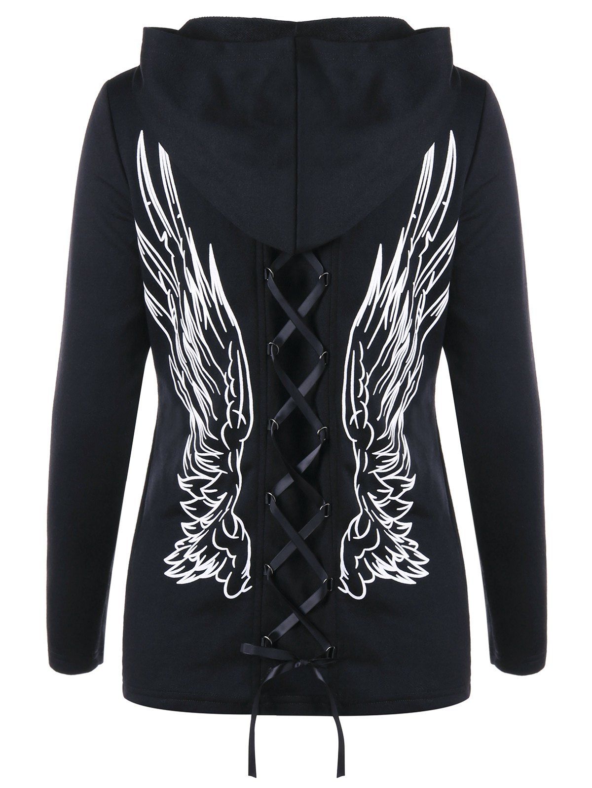 

Zip Up Wings Print Double Lace-up Hoodie, Black