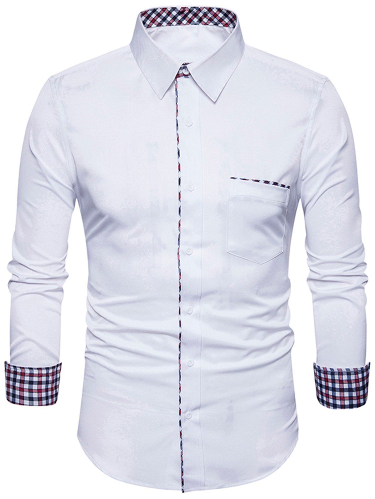 

Long Sleeve Plaid Panel Edging Pocket Shirt, White