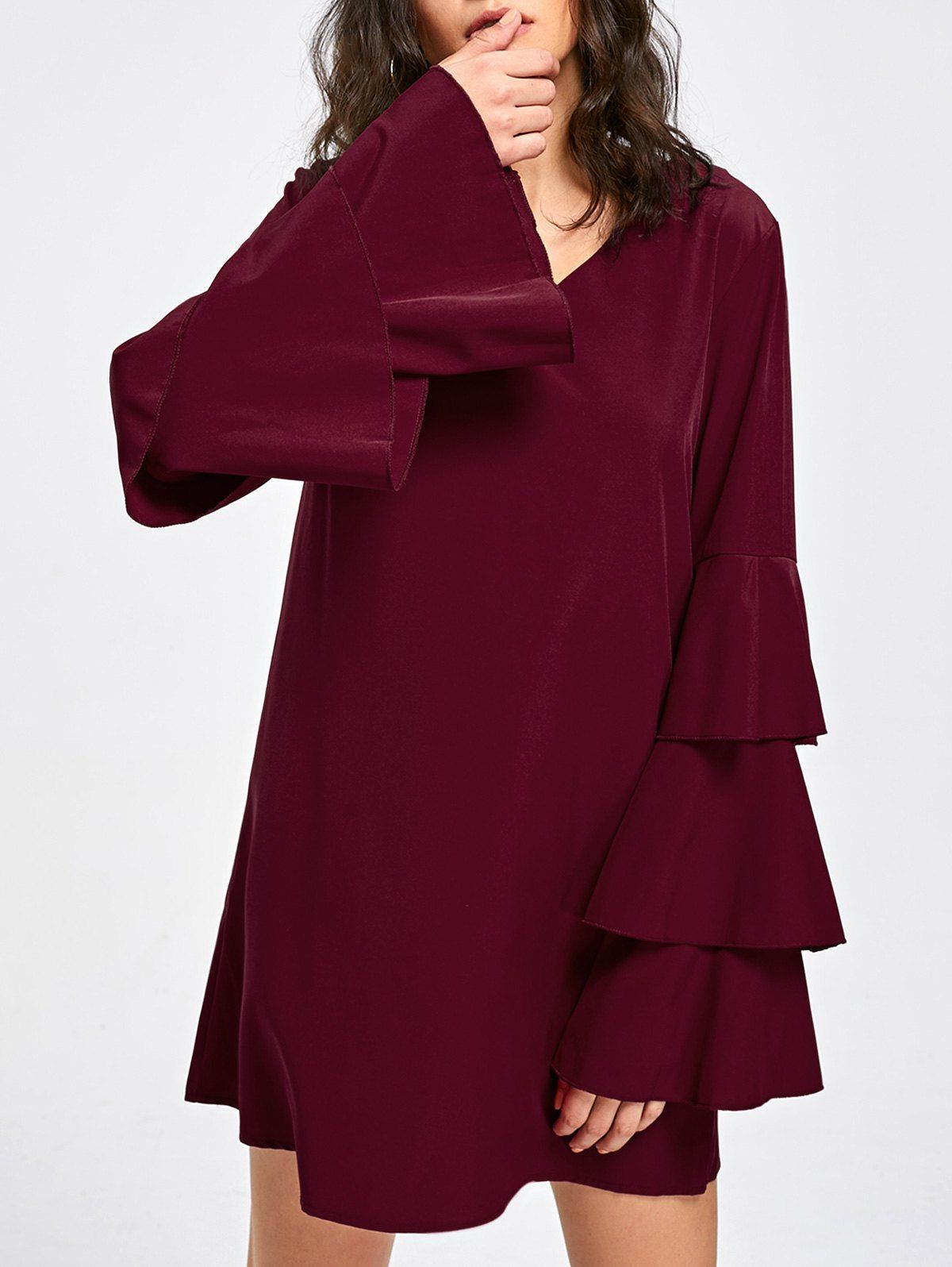 

Layered Flare Sleeve V Neck Dress, Wine red
